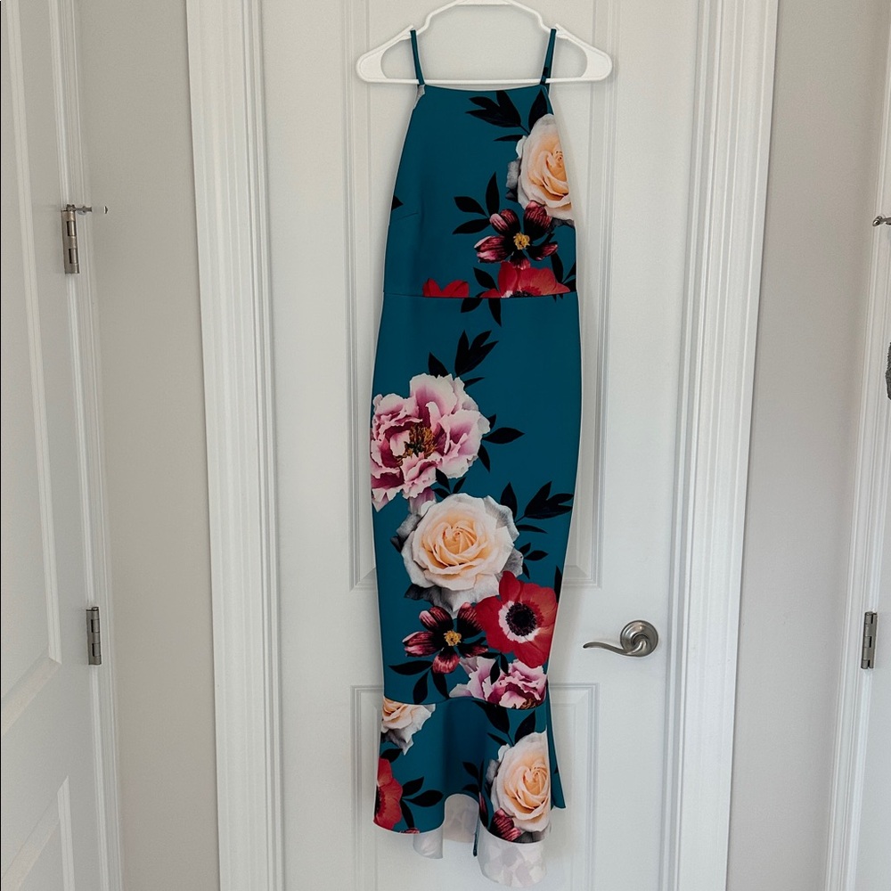 ASOS Teal Floral Midi Dress with Pink, Cream & Red Blooms